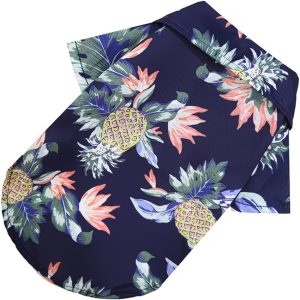 Hawaiian Pineapple Dog Shirt – Navy Snap Front with Collar (Medium)